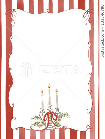 Christmas abstract frame with candelabra, candle, bow, berry and red stripes. Hand drawn illustration for design, print, fabric or background. 133546796