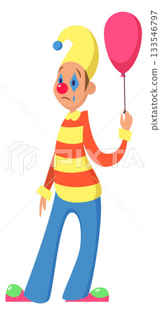 A clown is holding a red balloon and looking sad 133546797