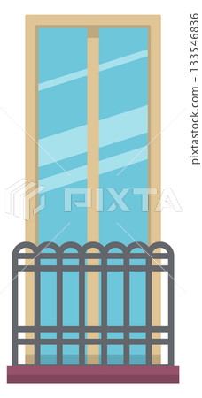 A window with a metal railing and a blue glass pane A window with a metal railing and a blue glass pane 133546836