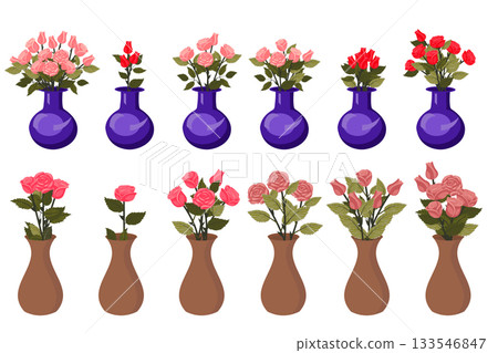 A set of rose bouquets in blue and brown vases. Vector illustration on a white background. A set of rose bouquets in blue and brown vases. Vector illustration on a white background. 133546847