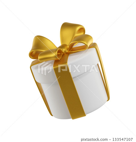 3D White Gift Round Box with a Gold Ribbon and Bow. A stylized icon perfect for Holiday, Birthday, Weddings or Christmas. Ideal for greeting cards and promotional materials. 3D rendering  133547107