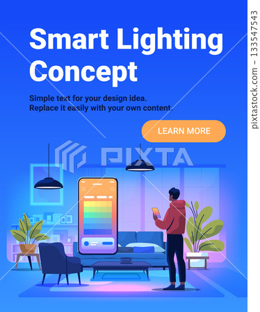 Smart lighting concept home automation control man using smartphone app modern living room colorful ambient lights plants furniture web banner 133547543