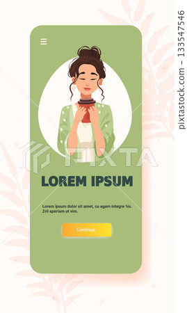 Woman enjoying coffee relaxation cozy lifestyle green background mobile app screen template 133547546