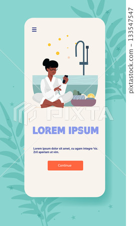 Spa relaxation self care wellness woman meditating at home bathrobe glasses holding phone bathtub candles citrus stones modern mobile app screen Spa relaxation self care wellness woman meditating at home bathrobe glasses holding phone bathtub candles citrus stones modern mobile app screen 133547547