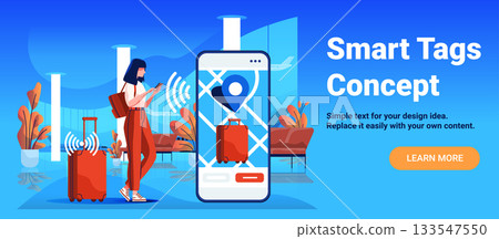 Smart tags luggage tracking airport woman using smartphone suitcase location mobile app interface digital blue background Smart tags luggage tracking airport woman using smartphone suitcase location mobile app interface digital blue background 133547550