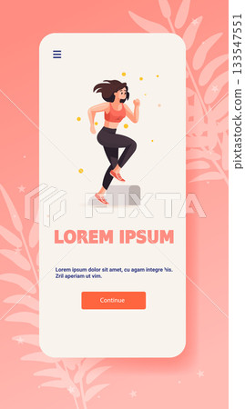 Fitness app onboarding female runner exercise mobile screen modern flat design character healthy lifestyle pink background template 133547551