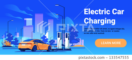Electric car charging station cityscape modern vehicle plugged into charger urban background blue gradient web banner template 133547555