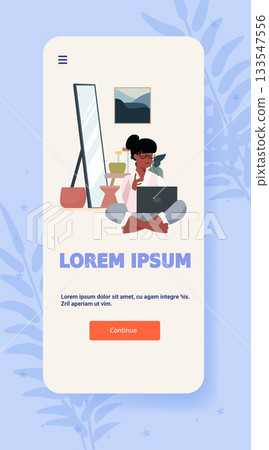 Woman working laptop home interior cozy room mirror plants art minimalist modern flat design mobile app screen template 133547556