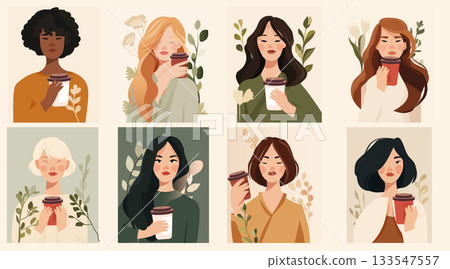 Women drinking coffee lifestyle diverse female portraits holding takeaway cups surrounded by leaves modern flat design warm neutral colors 133547557