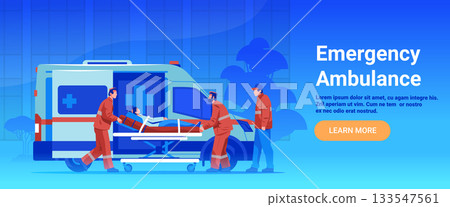 Emergency ambulance paramedics transporting patient on stretcher hospital medical team rescue vehicle blue background website banner Emergency ambulance paramedics transporting patient on stretcher hospital medical team rescue vehicle blue background website banner 133547561