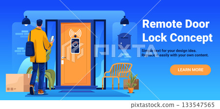 Remote door lock concept smart home technology man using mobile app to unlock modern front door package plants outdoor bench blue background Remote door lock concept smart home technology man using mobile app to unlock modern front door package plants outdoor bench blue background 133547565