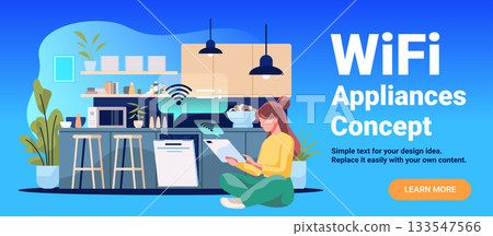WiFi appliances concept smart kitchen woman controls devices tablet modern home interior plants shelves blue background web banner WiFi appliances concept smart kitchen woman controls devices tablet modern home interior plants shelves blue background web banner 133547566