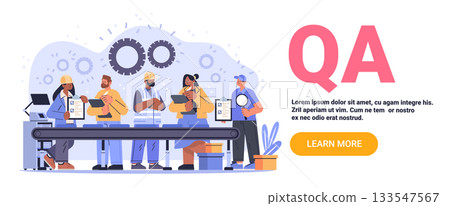 QA quality assurance team factory inspection workers assembly line checklist gears technology background modern workplace process control automation QA quality assurance team factory inspection workers assembly line checklist gears technology background modern workplace process control automation 133547567