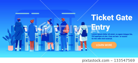 Ticket gate entry people using machines queue modern subway station blue background website banner Ticket gate entry people using machines queue modern subway station blue background website banner 133547569