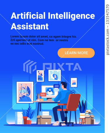 Artificial intelligence assistant virtual help desk workspace man interacting with chatbot at computer modern office blue background home decor 133547570
