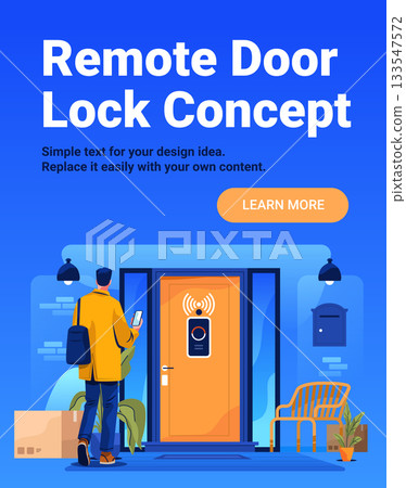Remote door lock concept smart home technology man uses smartphone to unlock modern house entrance package delivery blue background web banner Remote door lock concept smart home technology man uses smartphone to unlock modern house entrance package delivery blue background web banner 133547572