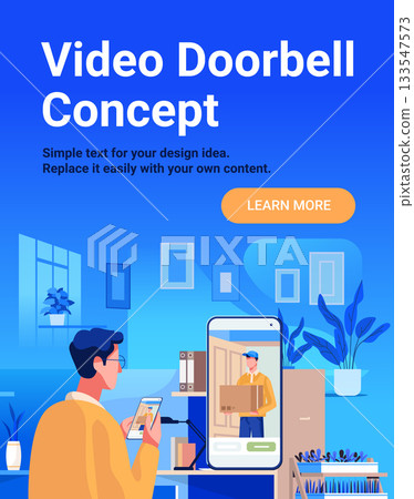 Video doorbell concept smart home security delivery man appears on smartphone screen modern living room background technology banner 133547573