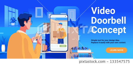 Video doorbell concept smart home security man viewing delivery person on smartphone modern interior blue background landing page 133547575