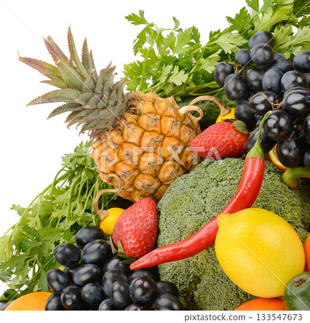 Abundant Pile of Fresh Fruits and Vegetables Isolated on White Background Abundant Pile of Fresh Fruits and Vegetables Isolated on White Background 133547673