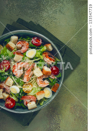 caesar salad, with tiger prawns, shrimp salad, lettuce, quail eggs, cherry tomatoes, parmesan cheese, no people, caesar salad, with tiger prawns, shrimp salad, lettuce, quail eggs, cherry tomatoes, parmesan cheese, no people, 133547719
