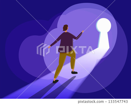 Character man walks toward keyhole light 133547743
