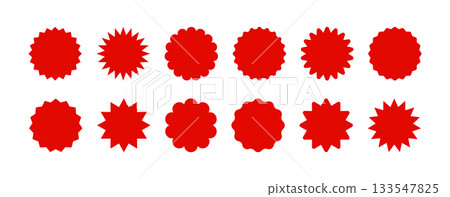 Red starburst sticker badge with radiant rays. Promotional star shaped icon for sale offers, discount labels, and retail price tags on isolated white background. Red starburst sticker badge with radiant rays. Promotional star shaped icon for sale offers, discount labels, and retail price tags on isolated white background. 133547825