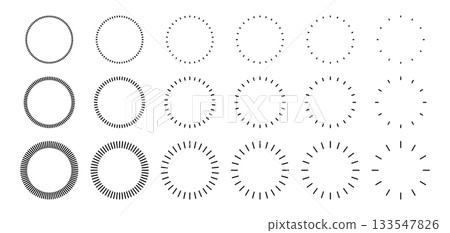 Line rays in a circle. Round frame pattern with geometric strokes. Ring of dash outline elements. Line rays in a circle. Round frame pattern with geometric strokes. Ring of dash outline elements. 133547826