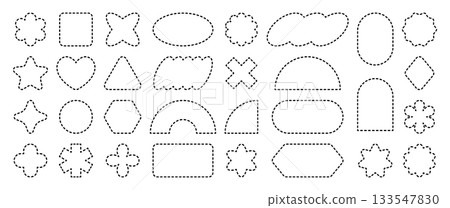 Dashed line frames and borders, circles, and squares. Simple geometric outline shapes for coupons, tags, and decorative elements in vector format. 133547830