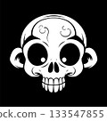 Playful skull face with large round eyes and toothy grin, swirling ornamental accents surrounds the head, black and white graphic 133547855