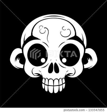 Playful skull face with large round eyes and toothy grin, swirling ornamental accents surrounds the head, black and white graphic Playful skull face with large round eyes and toothy grin, swirling ornamental accents surrounds the head, black and white graphic 133547855