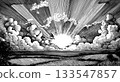 Dramatic sunrise breaking through clouds over rolling hills in vintage woodcut engraving illustration 133547857