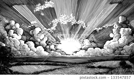 Dramatic sunrise breaking through clouds over rolling hills in vintage woodcut engraving illustration Dramatic sunrise breaking through clouds over rolling hills in vintage woodcut engraving illustration 133547857