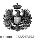 Vintage heraldic eagle emblem with shield, crown, and laurel wreath in classic engraving vector for royalty, nobility, coat of arms, and antique heraldry decoration 133547858
