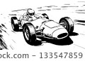Retro race car with open cockpit and large tires in hand drawn black and white outline illustration artwork 133547859