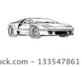 Detailed outline drawing of a retro sports car with large racing wheels and aerodynamic body for automotive design sketch, coloring page, and engineering illustration 133547861