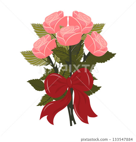 A bouquet of light pink roses with a large red bow. 133547884