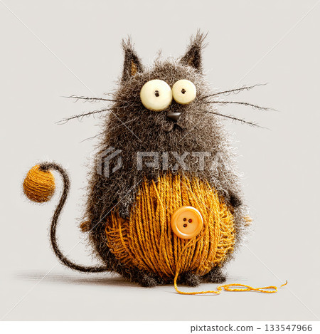 Cute fluffy yarn cat with giant button eyes and knitted belly, blending humor, craft charm and character design in cozy handmade wool textures. Vector illustration Cute fluffy yarn cat with giant button eyes and knitted belly, blending humor, craft charm and character design in cozy handmade wool textures. Vector illustration 133547966