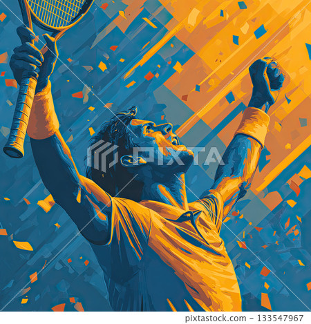 Dynamic illustration of tennis player raising arms in victory with racket, bright confetti and bold colors symbolizing success, sport energy and triumph. Vector illustration Dynamic illustration of tennis player raising arms in victory with racket, bright confetti and bold colors symbolizing success, sport energy and triumph. Vector illustration 133547967