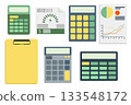 Simple set with a calculator, energy bills, and a color chart. Flat illustration. 133548172