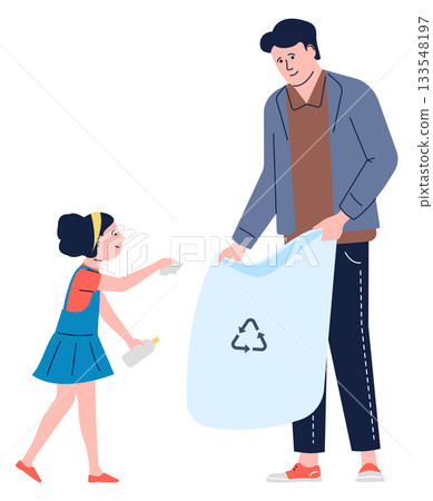 A man and a little girl are holding a trash bag 133548197