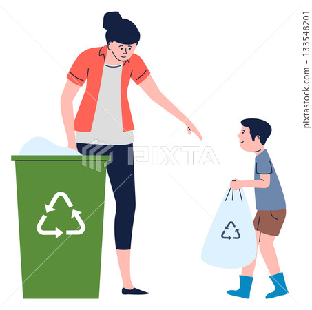 A woman is teaching a child how to recycle A woman is teaching a child how to recycle 133548201