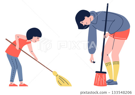 A woman is cleaning a floor with a broom while a child watches A woman is cleaning a floor with a broom while a child watches 133548206
