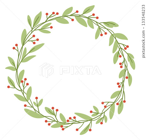 A green wreath with red berries is shown A green wreath with red berries is shown 133548233