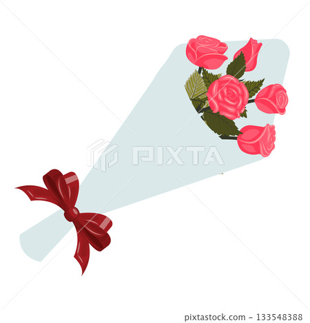 A bouquet of five bright pink roses wrapped in wrapping paper with a red ribbon bow. Vector illustration isolated on a white background. A bouquet of five bright pink roses wrapped in wrapping paper with a red ribbon bow. Vector illustration isolated on a white background. 133548388