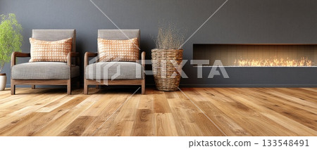 A stylish living area showcases a modern fireplace, cozy chairs, and a coffee table, creating a warm and inviting atmosphere 133548491