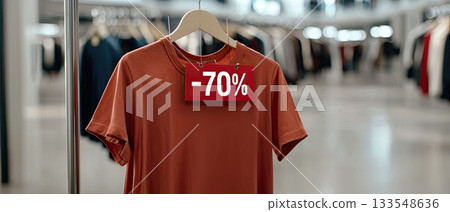 A rack holds several white shirts with a sign advertising a 70% discount off the original price 133548636
