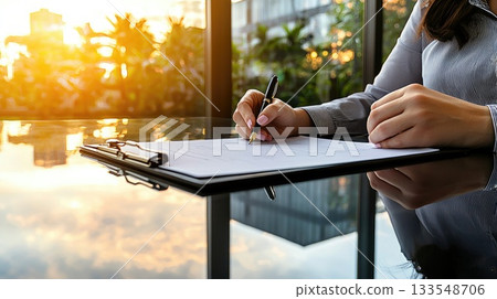 A healthcare worker is focused on writing notes and reviewing documents using two pens at a well-lit desk with a laptop A healthcare worker is focused on writing notes and reviewing documents using two pens at a well-lit desk with a laptop 133548706