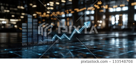 Digital visualization displays a growing trend with ascending bars and arrows, indicating positive market movement and potential success Digital visualization displays a growing trend with ascending bars and arrows, indicating positive market movement and potential success 133548708