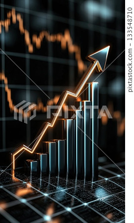 Digital visualization displays a growing trend with ascending bars and arrows, indicating positive market movement and potential success Digital visualization displays a growing trend with ascending bars and arrows, indicating positive market movement and potential success 133548710