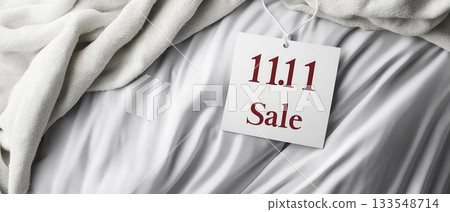 Gifts wrapped in brown paper with twine sit beside decorative items, highlighting a sale event, creating a festive atmosphere 133548714